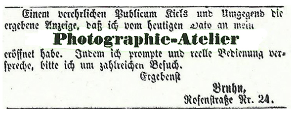Kiel Bruhn Annonce im Kieler Wochenblatt 30. 05. 1863