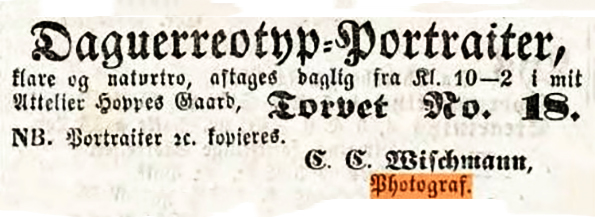 Wischmann Annonce Morgenbladet 1855 Unigroesse