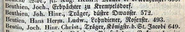 Luebeck beutien Adressbuch 1852 Detail