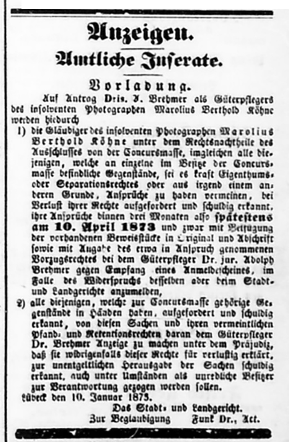 Luebeck - Koehne - Vorladung - Lueb_Anz_14-01-1873 Detail