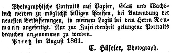 Rendsburg - Hseler - Annonce Preezer Zeitung 1861 - klein