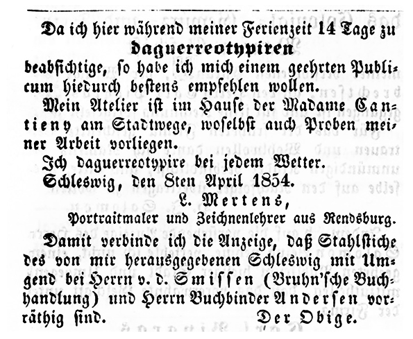 Rendsburg - Mertens - Annonce Schleswiger Intelligenzblatt 1854
