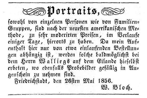 Rendsburg Bloch - Annonce - Friedrichstädter Intelligenzblatt 1856 - klein