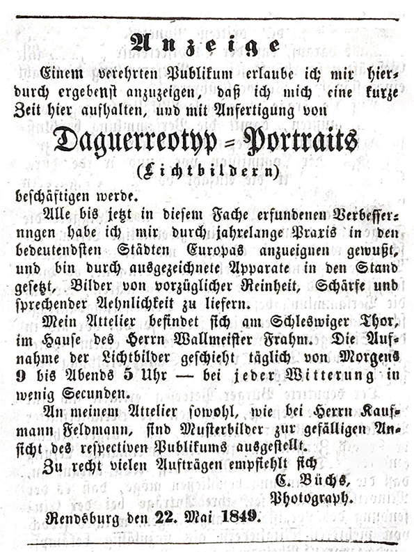 Anzeige im Rendsburger Wochenblatt vom 22. 05. 1849