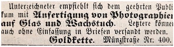Goldkette - Annonce im Rendsburger Wochenblatt 1858 - klein