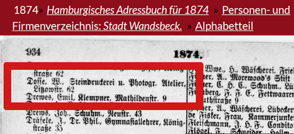 Wandsbek - Dosse - Adressbucheintrag 1874