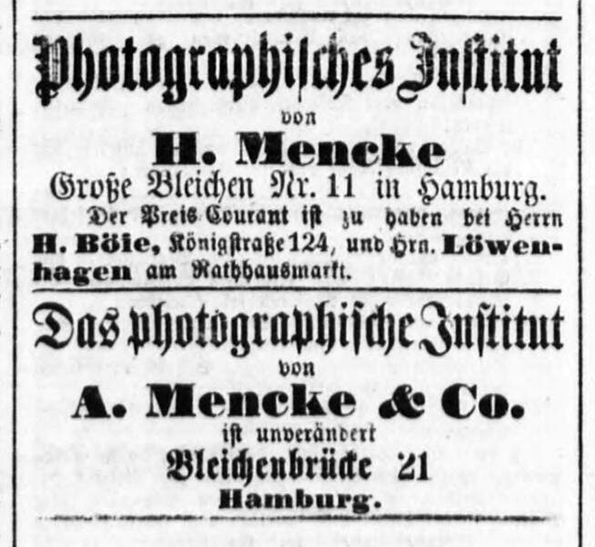 Mencke A. - Annonce in "Hamb. Nachrichten" vom 16. 12. 1862 - klein