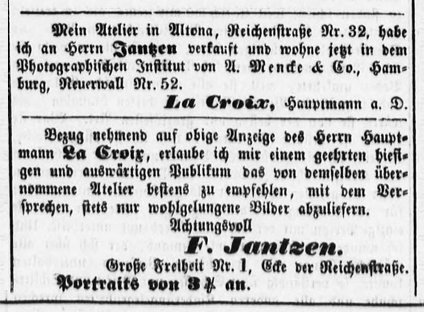 La Croix - Annonce in "Hamburger Nachrichten" 1853 klein
