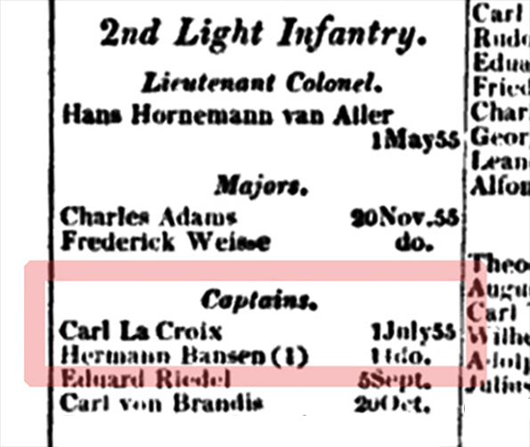 La Croix, Eintrag in "The Army List" 1856