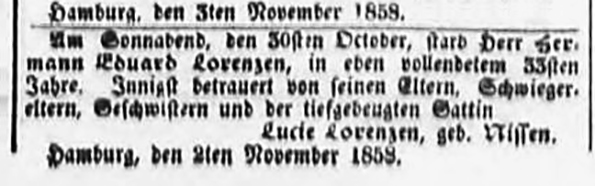 Lorenzen - Hamburger Nachrichten vom 03. 11. 1858 - Detail