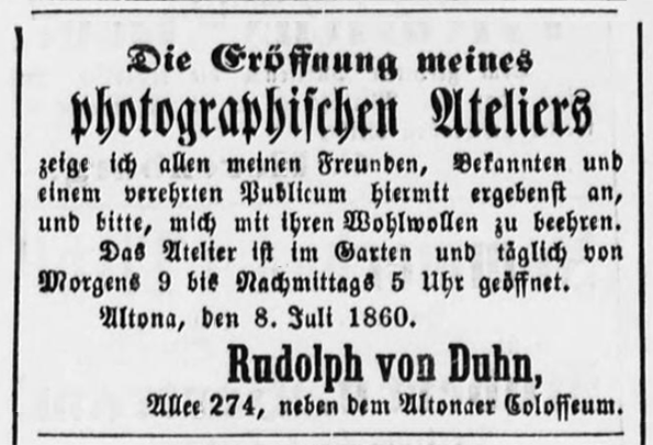 Annonce von Duhn - Altonaer Nachrichten 08.07.1860, Beilage